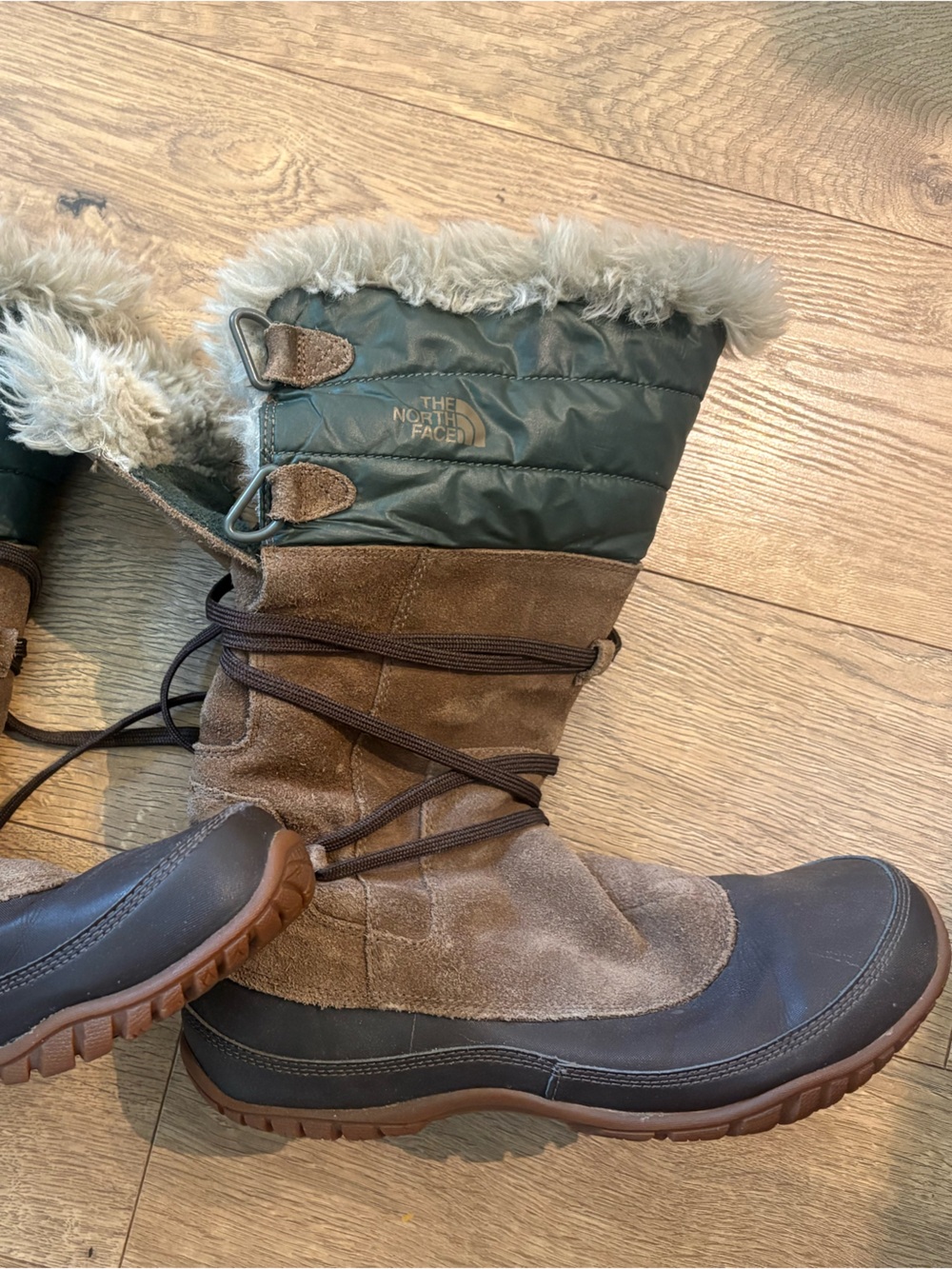 The North Face Brown Suede and Green Quilted Faux-Fur Winter Boots